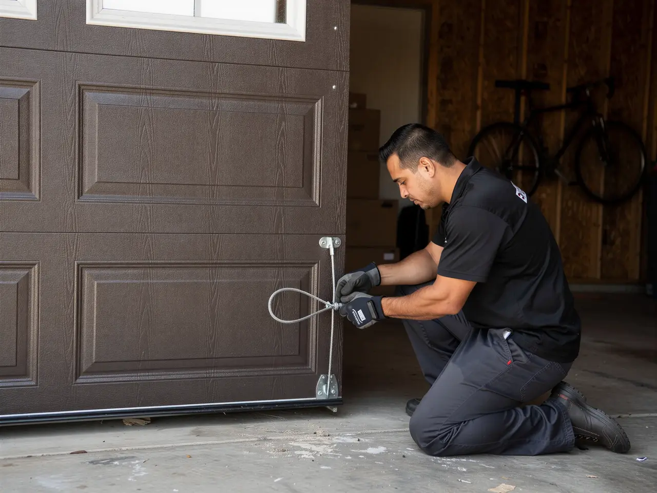 A technician kneels, adjusting a cable on a brown garage door.
