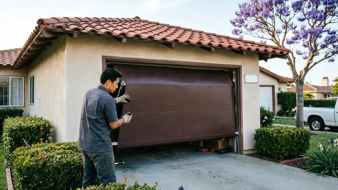 New opener rail on a garage ceiling, and an installer drilling a hinge onto a door panel