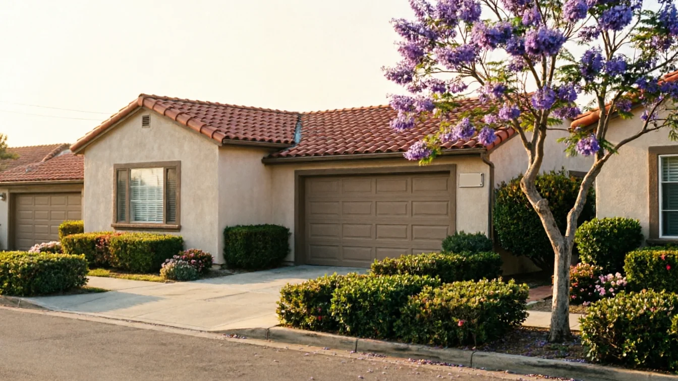 A house with a brown garage door and a purple flowering tree in the yard.
