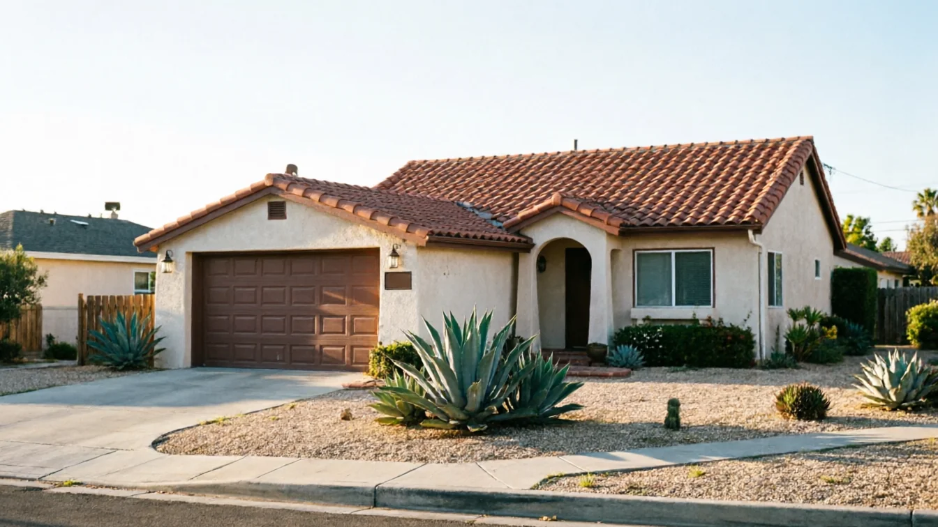 A brown garage door on a light-colored house with a red tile roof.