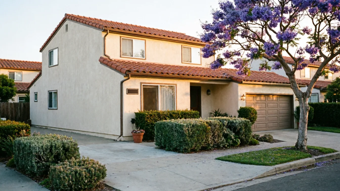 A beige house with a brown garage door and a purple flowering tree.