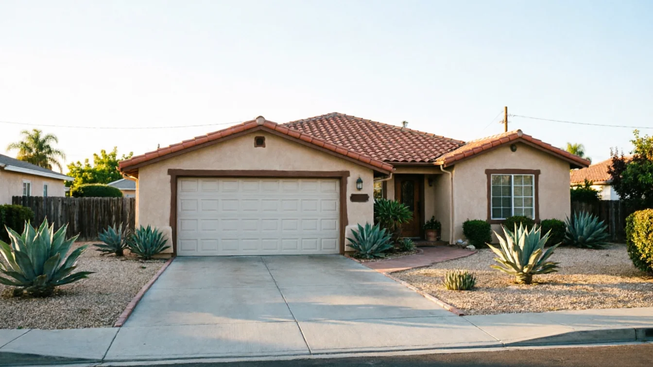 A beige house with a light-colored garage door and a red tile roof.