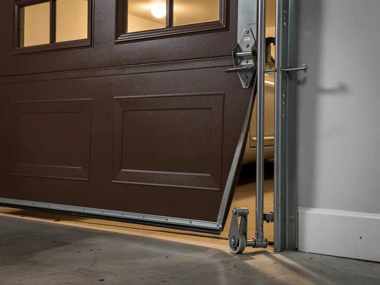 A brown garage door with windows is slightly open, showing the roller and track.